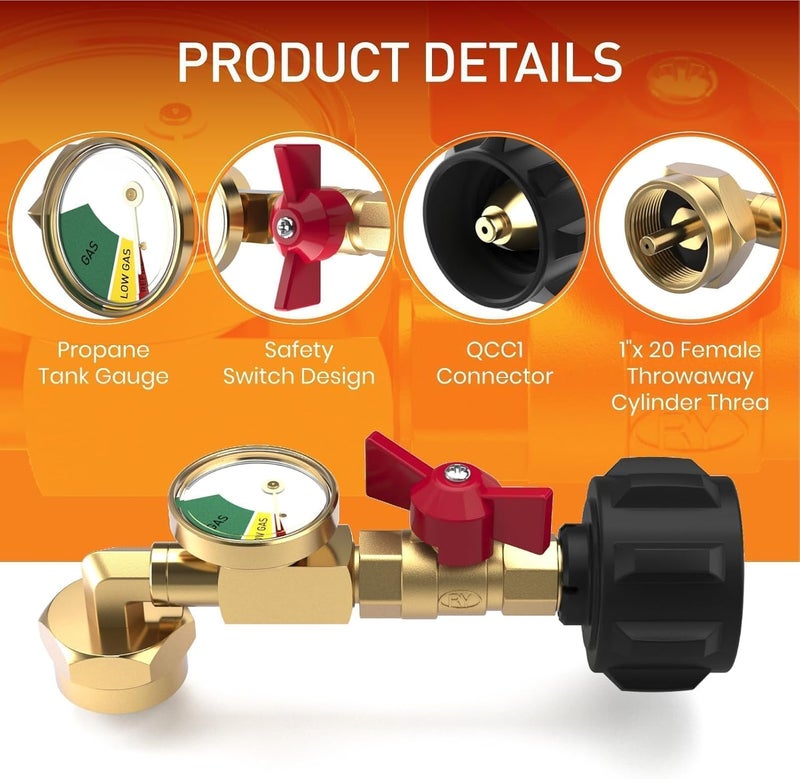 NUPICK Propane Refill Adapter for 1 LB. Tanks, Propane Adapter 20lb to 1lb Converter with Gauge and Valve, Propane Tank Refill Adapter with 90-Degree Elbow Design, Come with Bottle Cap - Image 2